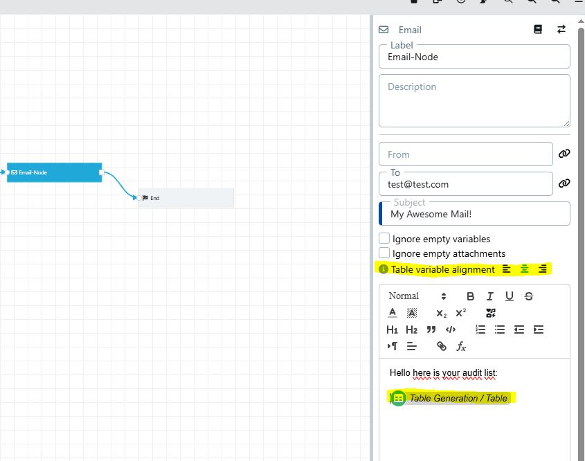 Table Variable Alignment Settings