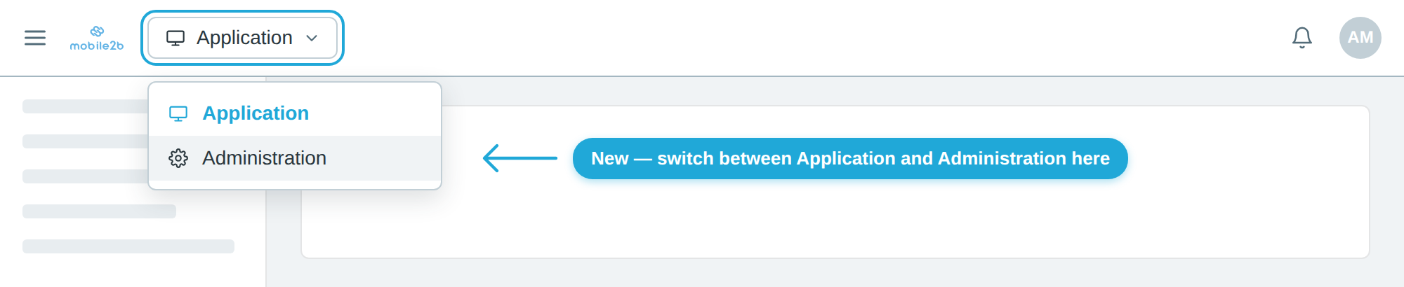 The top bar with the platform switcher open, showing Application and Administration